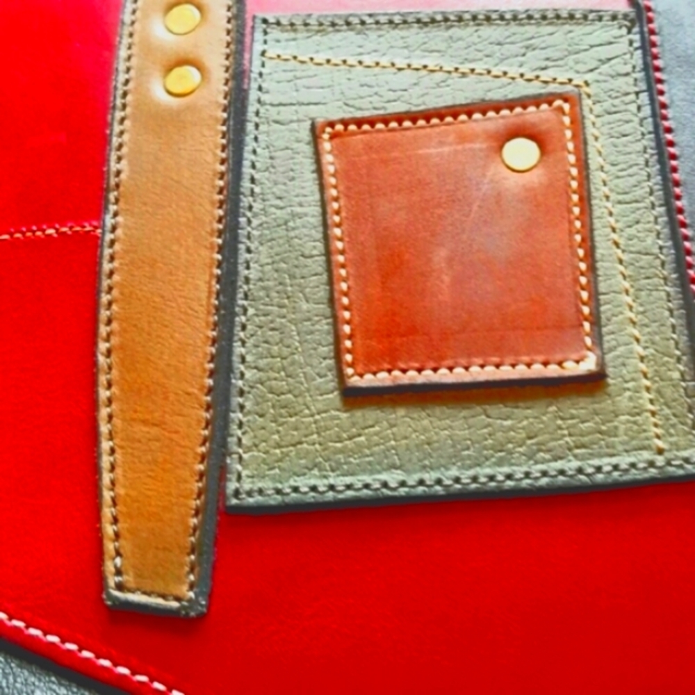 Red Patch Colorblock 100% Leather Shoulder Bag Handmade One of a Kind. - Picture 7 of 12